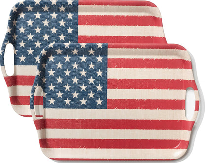 KINGEN 2-pack patriotic bamboo fiber serving trays with Stars and Stripes design in red white and blue