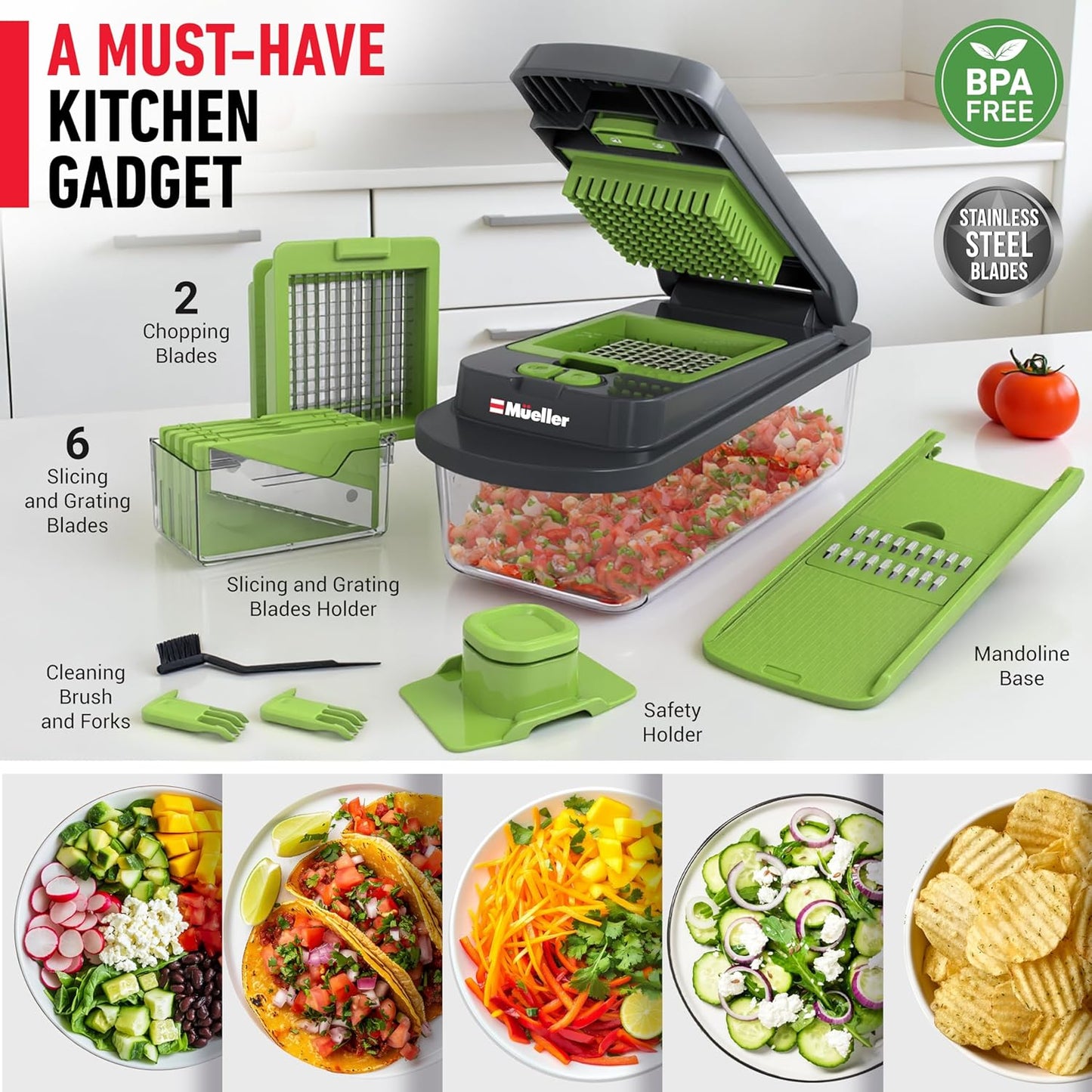 Mueller Original Pro Chopper — 10-in-1 Vegetable Chopper & Mandoline Slicer with Container