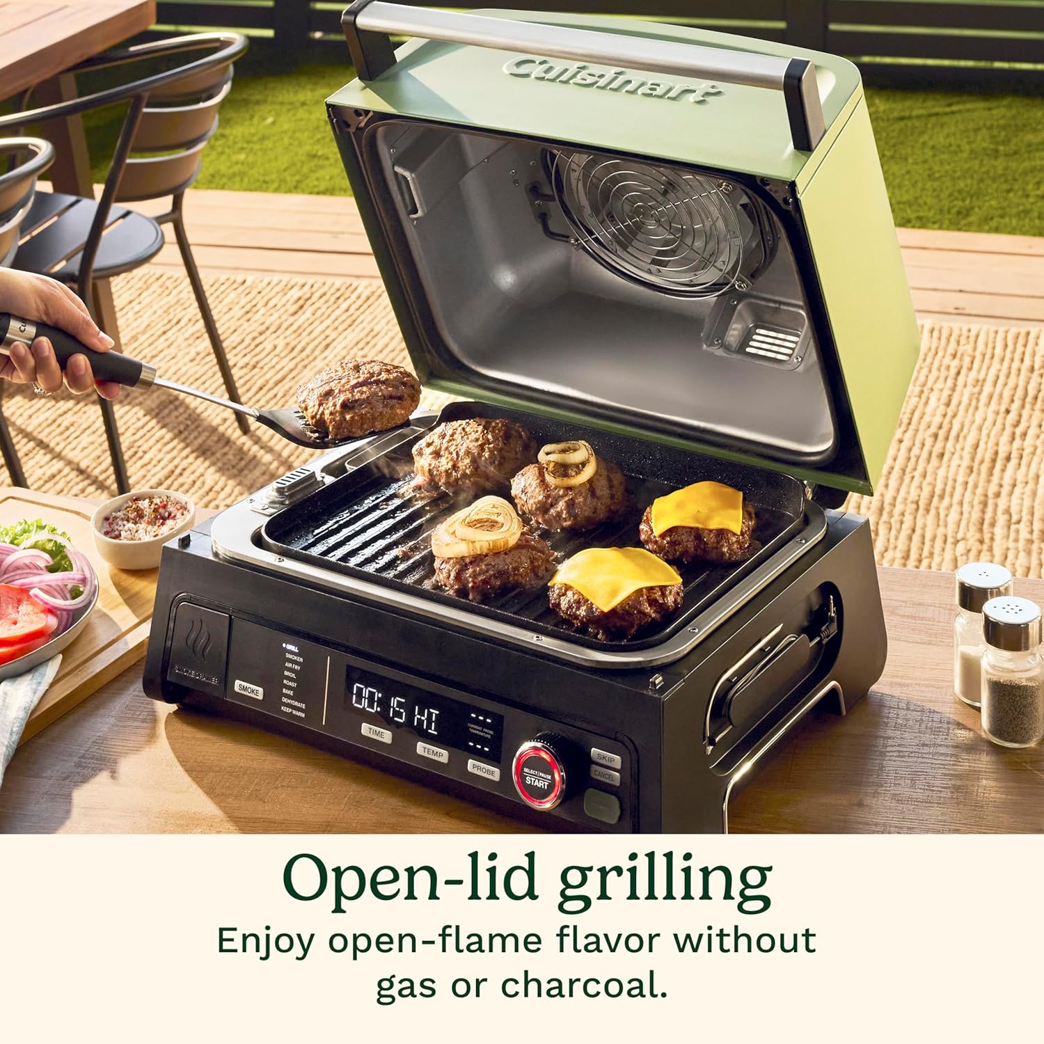 Cuisinart FlavorBoost 8-in-1 electric BBQ grill and portable smoker with air fryer combo, smart probe, and smoke drawer — compact patio and apartment grill CEG-1302