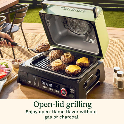 Cuisinart FlavorBoost 8-in-1 electric BBQ grill and portable smoker with air fryer combo, smart probe, and smoke drawer — compact patio and apartment grill CEG-1302