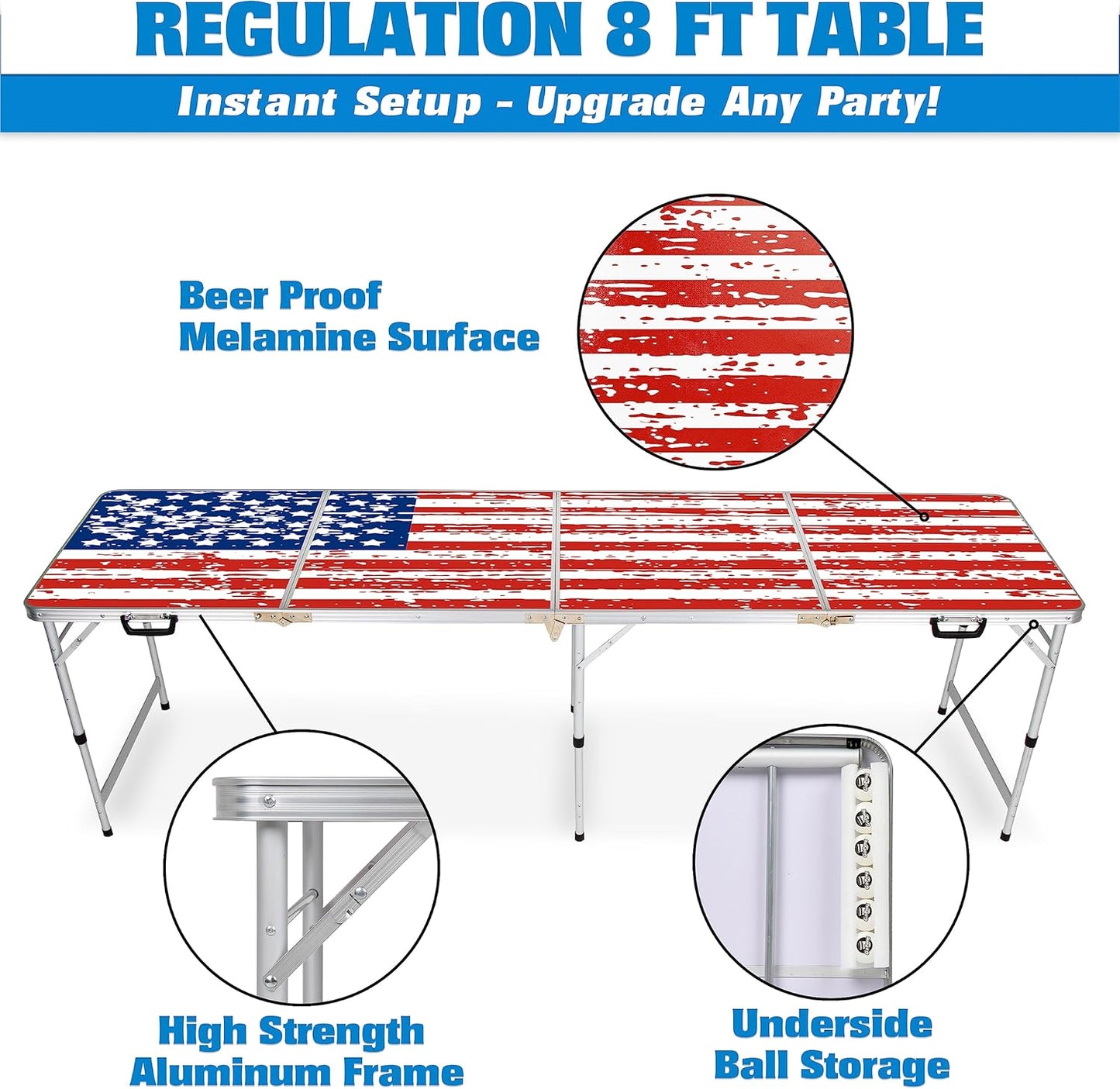 GoPong 8 foot portable beer pong and tailgate table in American Flag edition set up outdoors at a 4th of July backyard party