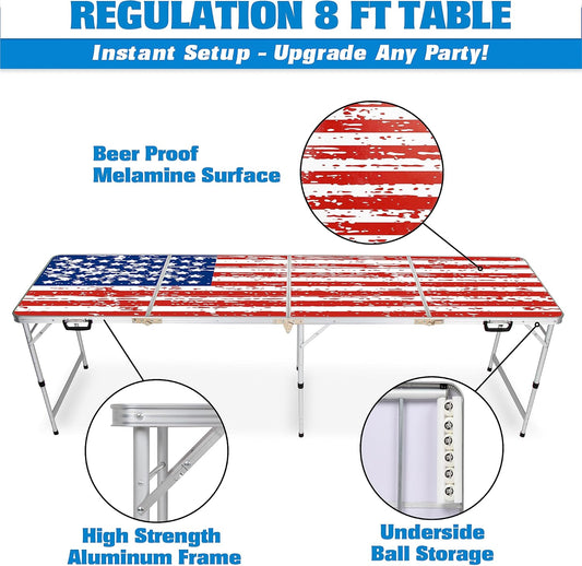 GoPong 8 foot portable beer pong and tailgate table in American Flag edition set up outdoors at a 4th of July backyard party