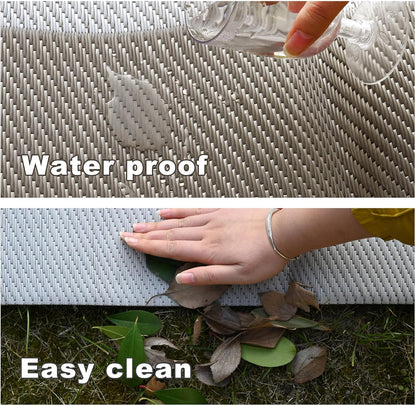 RURALITY 9x12 feet waterproof reversible plastic straw outdoor rug in light coffee for patio, porch, camping, and RV use