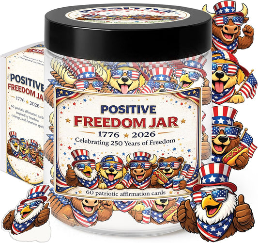 Positive Freedom Jar with 60 patriotic affirmation cards displayed as a 4th of July gift for America's 250th anniversary