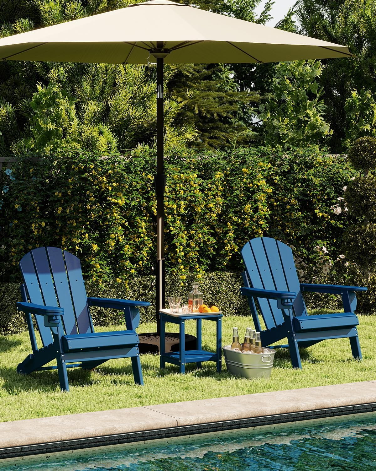 Set of 2 blue folding HDPE Adirondack chairs with cup holders for fire pit deck patio and outdoor use