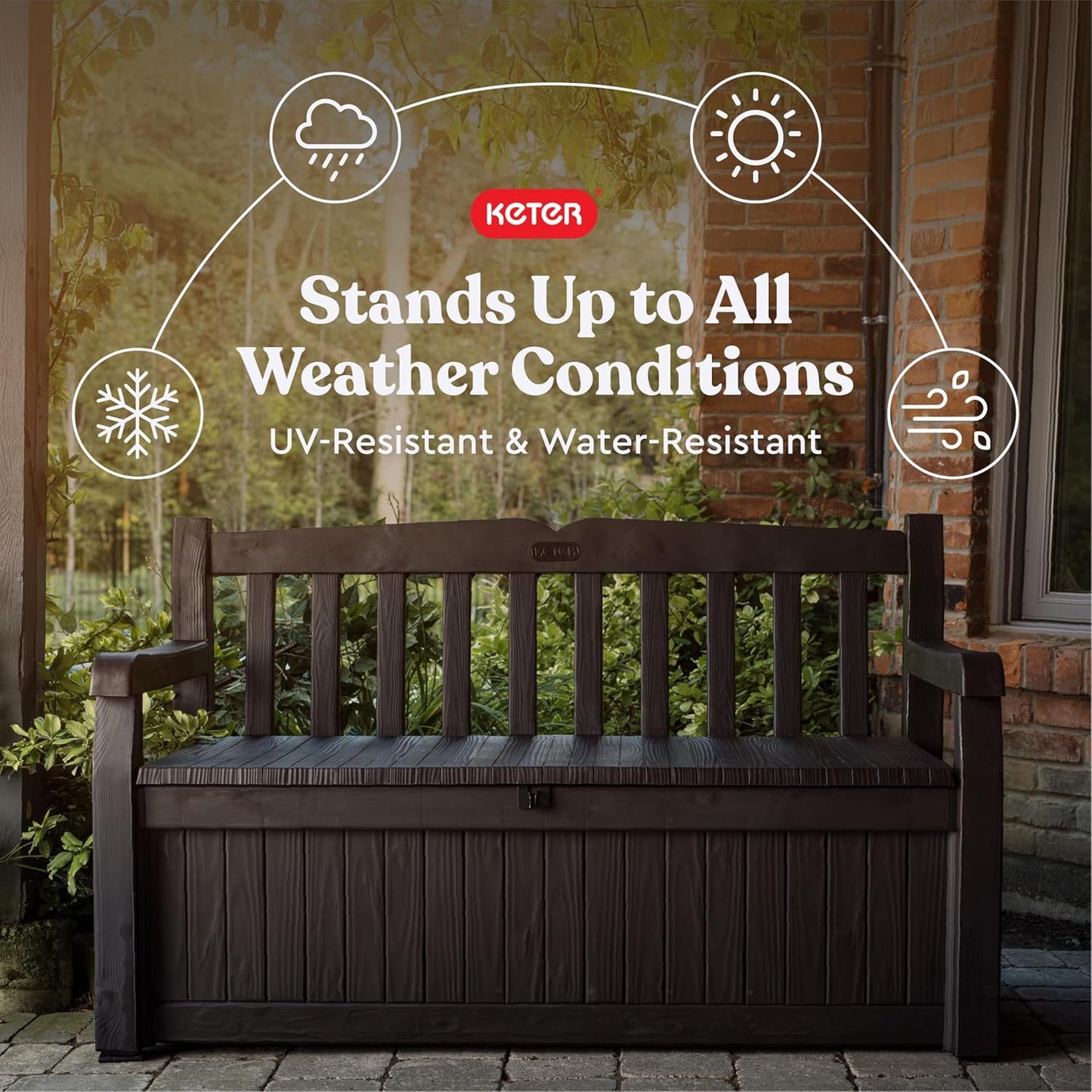 Keter Solana 70 gallon outdoor storage bench deck box in brown resin with wood texture finish on backyard patio storing cushions and pool accessories