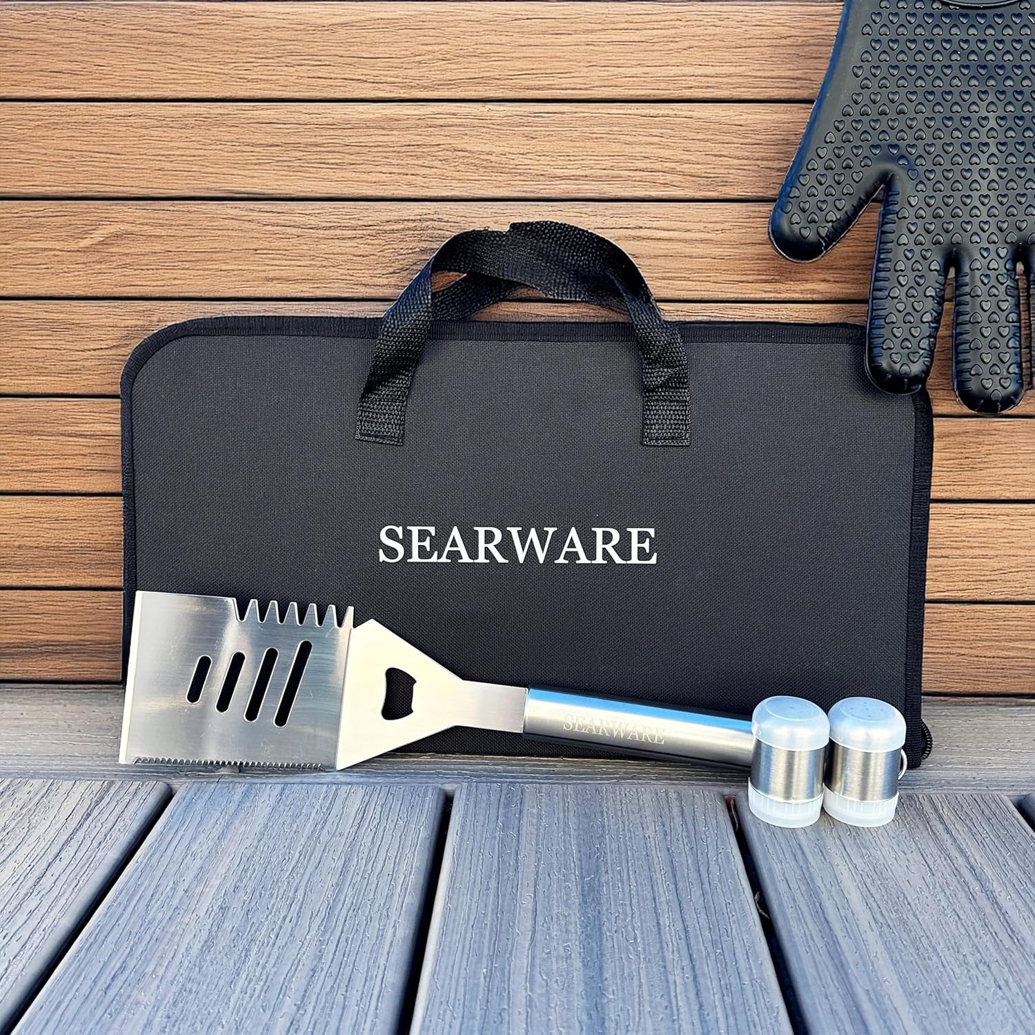 Stainless steel BBQ grill tool set with heat resistant glove, bristle-free grill brush, thermometer, meat injector, and corn skewers