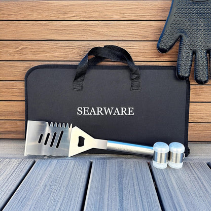 Stainless steel BBQ grill tool set with heat resistant glove, bristle-free grill brush, thermometer, meat injector, and corn skewers