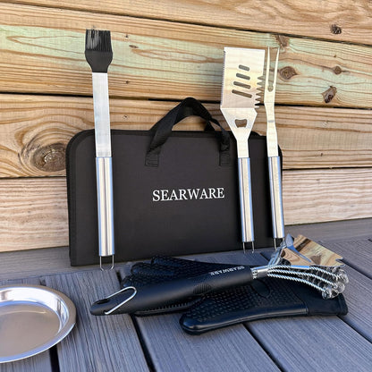 Stainless steel BBQ grill tool set with heat resistant glove, bristle-free grill brush, thermometer, meat injector, and corn skewers
