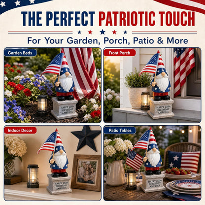 12 inch 4th of July patriotic garden gnome with solar lantern displayed on a lawn as outdoor American flag yard decoration for Independence Day and Memorial Day