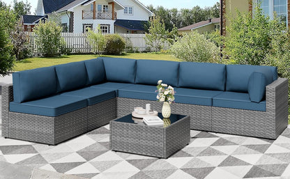 Shintenchi 7-piece outdoor patio furniture set with gray PE wicker modular sectional sofa and Aegean Blue washable cushions for backyard and deck