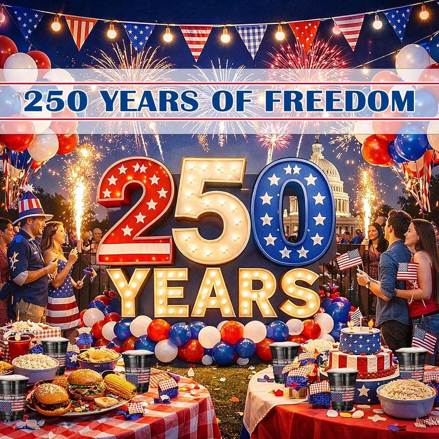 100 Pcs 250th Anniversary Plastic Cups — 12oz 1776-2026 Semiquincentennial Disposable Cups, Patriotic American Flag Party Supplies for 4th of July, Memorial Day & Veterans Day