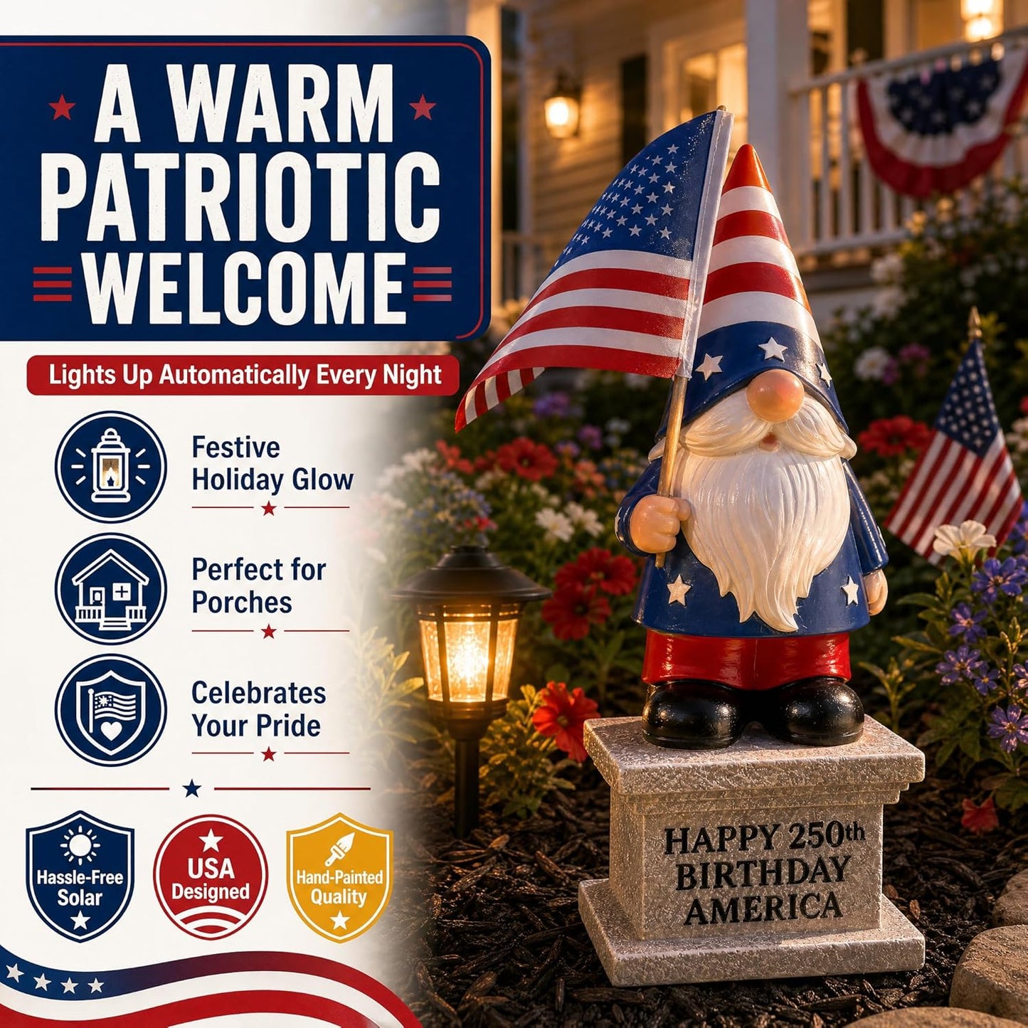 12 inch 4th of July patriotic garden gnome with solar lantern displayed on a lawn as outdoor American flag yard decoration for Independence Day and Memorial Day