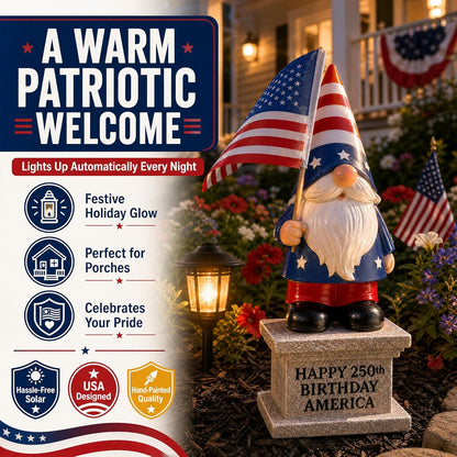 12 inch 4th of July patriotic garden gnome with solar lantern displayed on a lawn as outdoor American flag yard decoration for Independence Day and Memorial Day