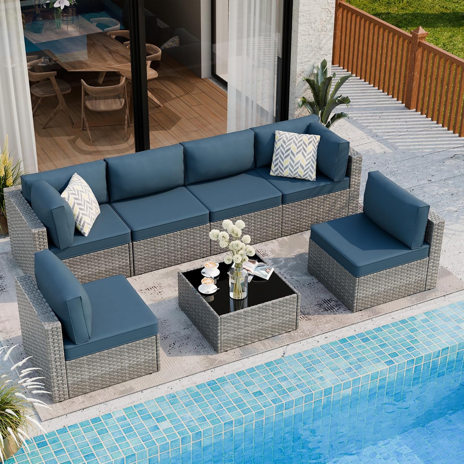 Shintenchi 7-piece outdoor patio furniture set with gray PE wicker modular sectional sofa and Aegean Blue washable cushions for backyard and deck