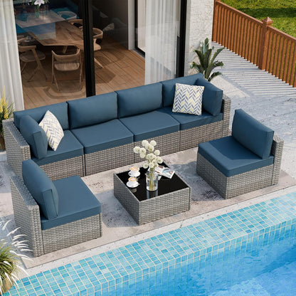 Shintenchi 7-piece outdoor patio furniture set with gray PE wicker modular sectional sofa and Aegean Blue washable cushions for backyard and deck