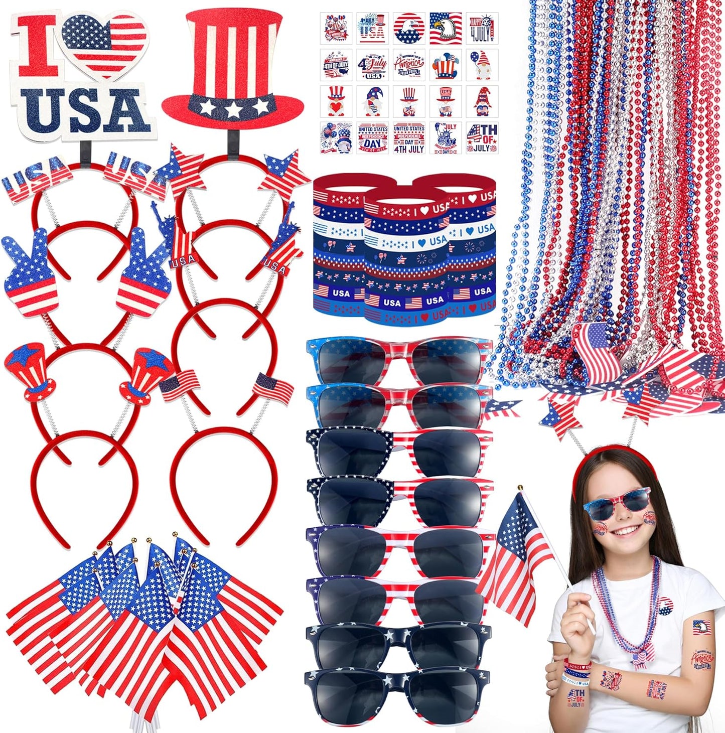 188 piece 4th of July party favors and accessories set including headbands glasses necklaces bracelets tattoo stickers and USA flag decorations