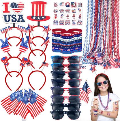 188 piece 4th of July party favors and accessories set including headbands glasses necklaces bracelets tattoo stickers and USA flag decorations