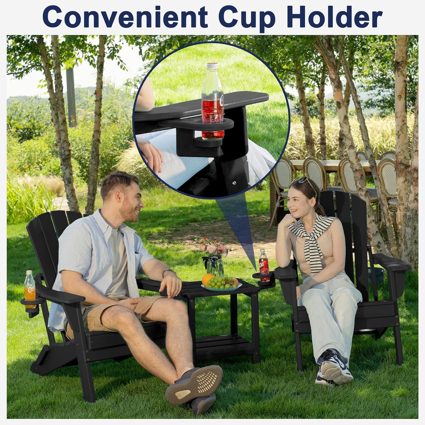 Plawdlik folding Adirondack chair set of 4 in black HDPE with wood texture finish and cup holders arranged on backyard patio