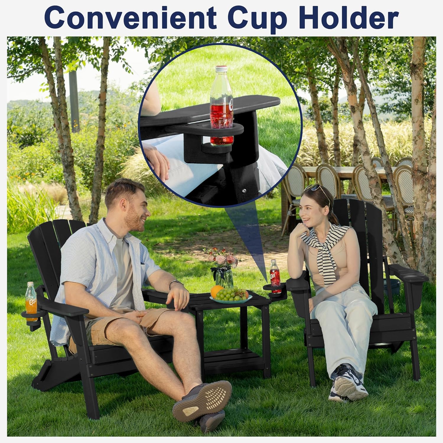 Plawdlik folding Adirondack chair set of 4 in black HDPE with wood texture finish and cup holders arranged on backyard patio