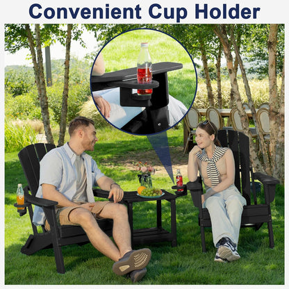 Plawdlik folding Adirondack chair set of 4 in black HDPE with wood texture finish and cup holders arranged on backyard patio