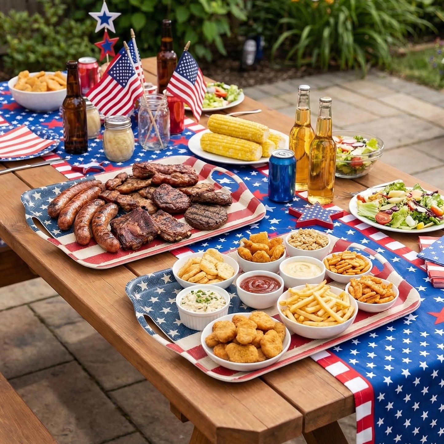 KINGEN 2-pack patriotic bamboo fiber serving trays with Stars and Stripes design in red white and blue
