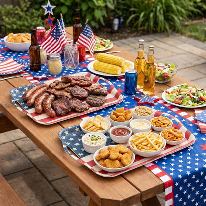 KINGEN 2-pack patriotic bamboo fiber serving trays with Stars and Stripes design in red white and blue