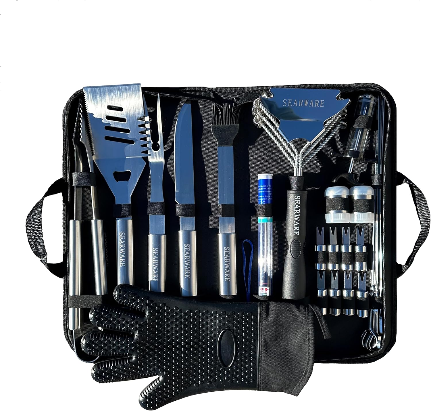 Stainless steel BBQ grill tool set with heat resistant glove, bristle-free grill brush, thermometer, meat injector, and corn skewers Stainless steel BBQ grill tool set with heat resistant glove, bristle-free grill brush, thermometer, meat injector, and corn skewers