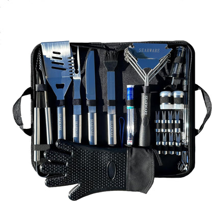 Stainless steel BBQ grill tool set with heat resistant glove, bristle-free grill brush, thermometer, meat injector, and corn skewers Stainless steel BBQ grill tool set with heat resistant glove, bristle-free grill brush, thermometer, meat injector, and corn skewers