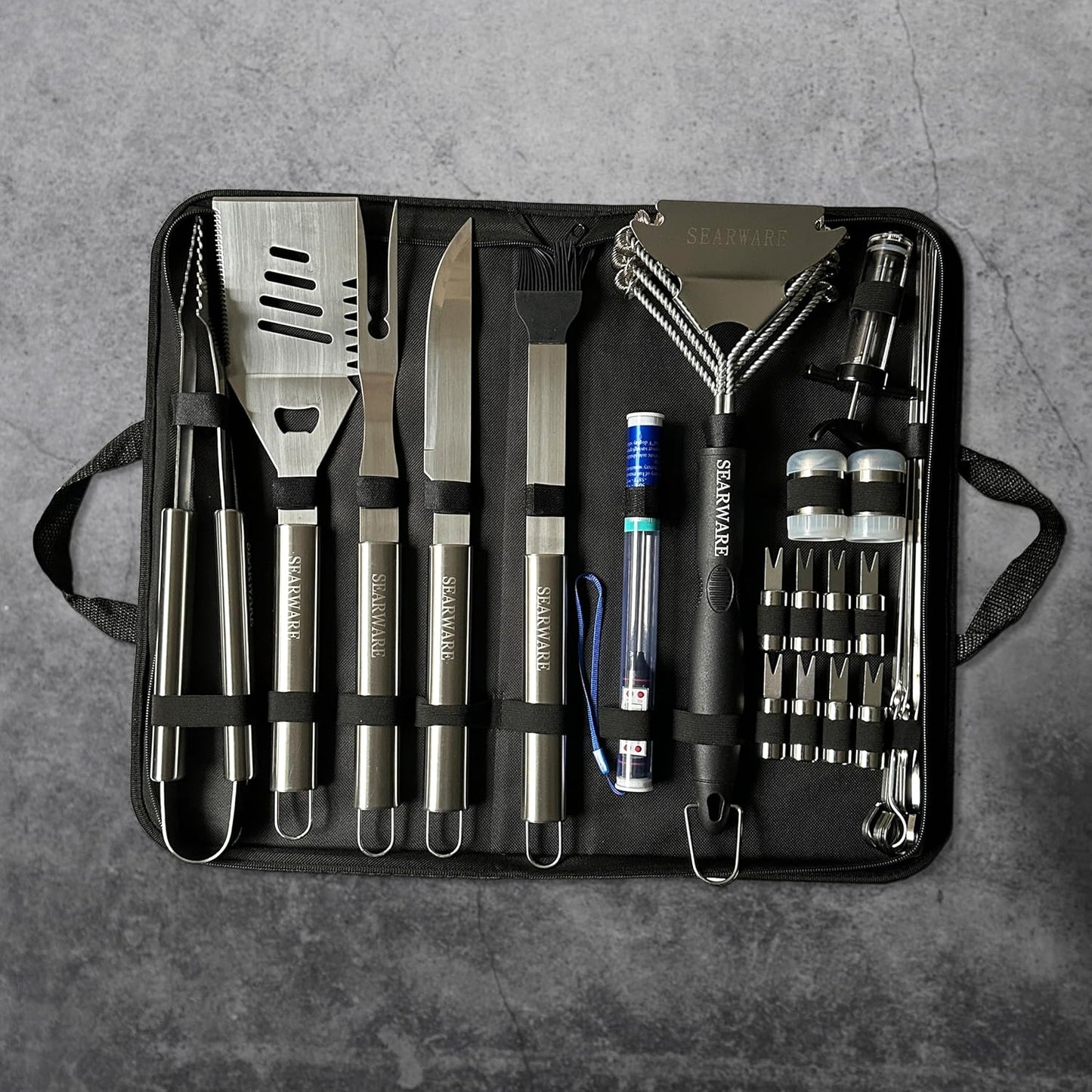 Stainless Steel BBQ Grill Tool Set — Heat Resistant Glove, Bristle-Free Brush, Thermometer, Meat Injector & Corn Skewers