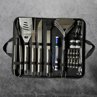 Stainless Steel BBQ Grill Tool Set — Heat Resistant Glove, Bristle-Free Brush, Thermometer, Meat Injector & Corn Skewers