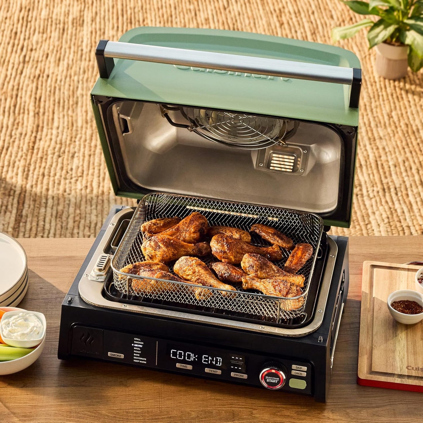 Cuisinart FlavorBoost 8-in-1 electric BBQ grill and portable smoker with air fryer combo, smart probe, and smoke drawer — compact patio and apartment grill CEG-1302