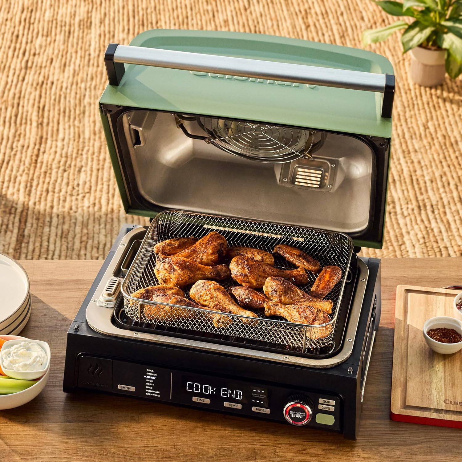 Cuisinart FlavorBoost 8-in-1 electric BBQ grill and portable smoker with air fryer combo, smart probe, and smoke drawer — compact patio and apartment grill CEG-1302