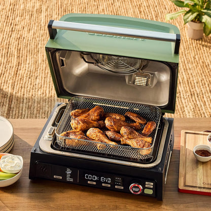 Cuisinart FlavorBoost 8-in-1 electric BBQ grill and portable smoker with air fryer combo, smart probe, and smoke drawer — compact patio and apartment grill CEG-1302