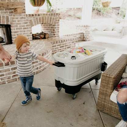Igloo Party Bar 125 quart rolling hard cooler in gray with removable beverage tub lid, wheeled base, and stainless steel bottle opener for outdoor entertaining