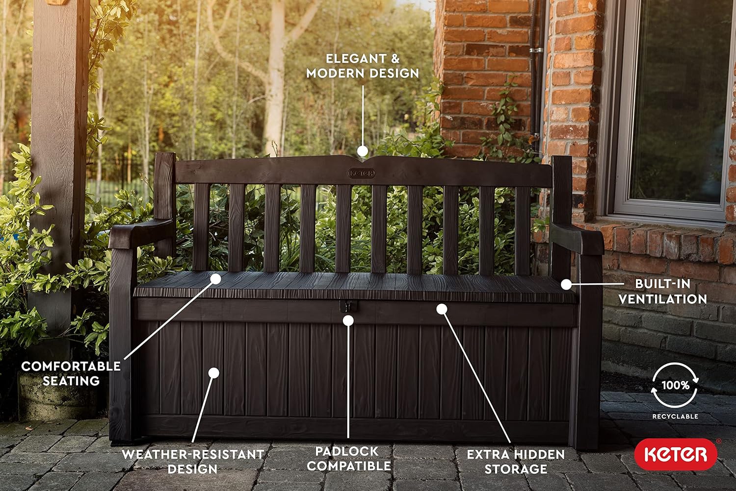 Keter Solana 70 gallon outdoor storage bench deck box in brown resin with wood texture finish on backyard patio storing cushions and pool accessories