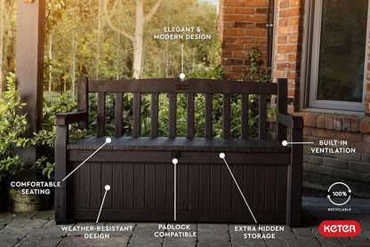 Keter Solana 70 gallon outdoor storage bench deck box in brown resin with wood texture finish on backyard patio storing cushions and pool accessories