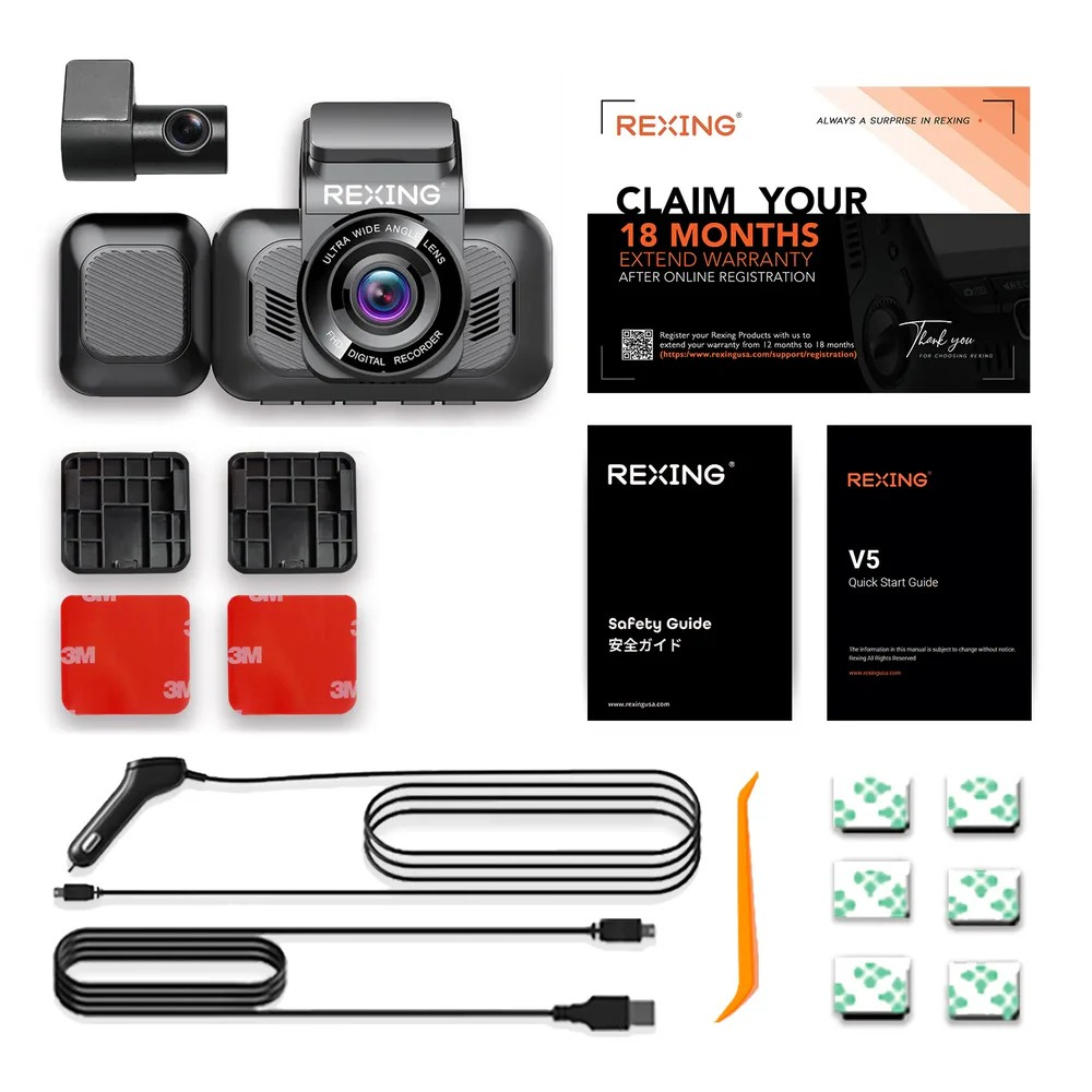 Rexing V5 bundle 3-channel 4K dash cam with Wi-Fi and GPS showing front interior and rear camera views — Veterans Value Hub