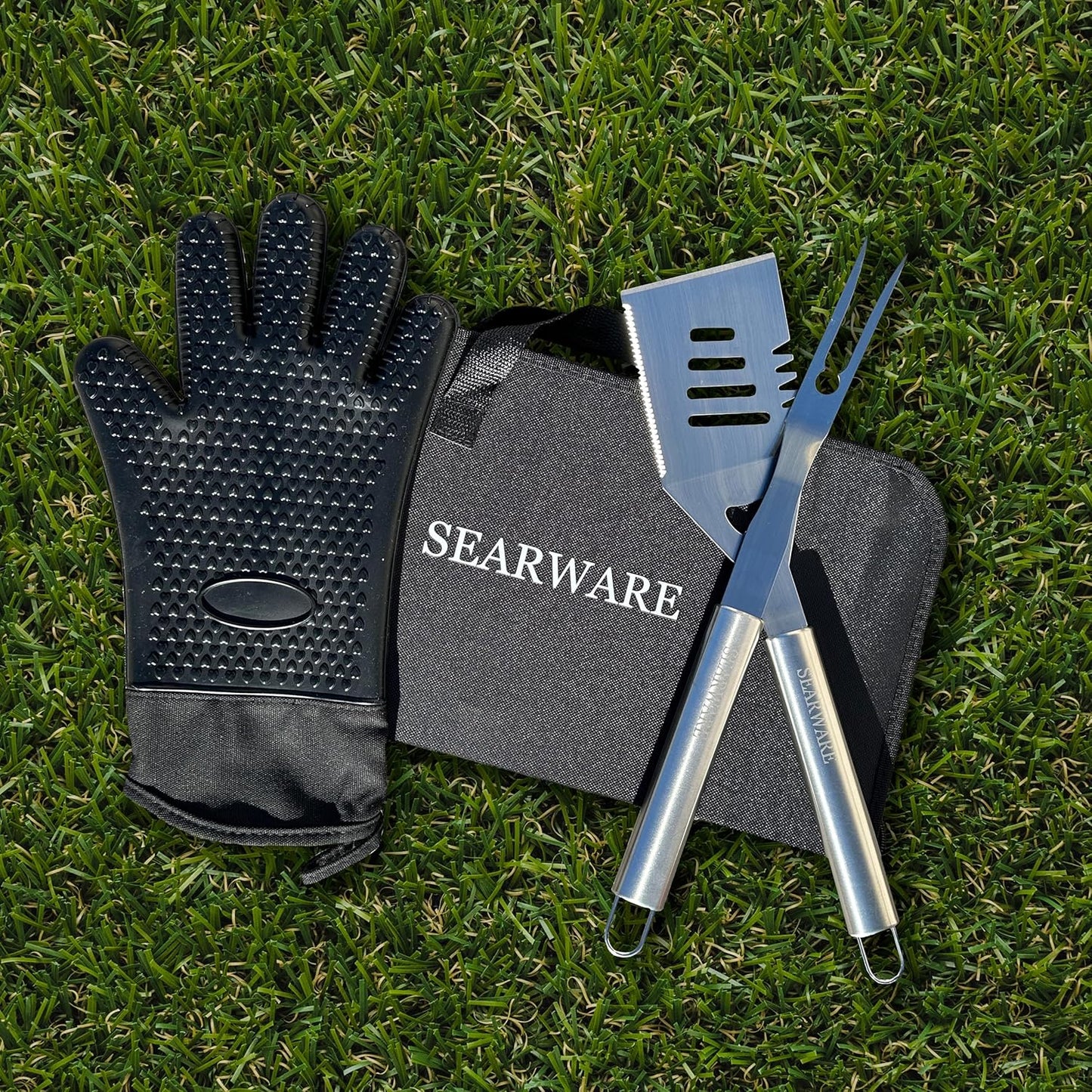 Stainless Steel BBQ Grill Tool Set — Heat Resistant Glove, Bristle-Free Brush, Thermometer, Meat Injector & Corn Skewers