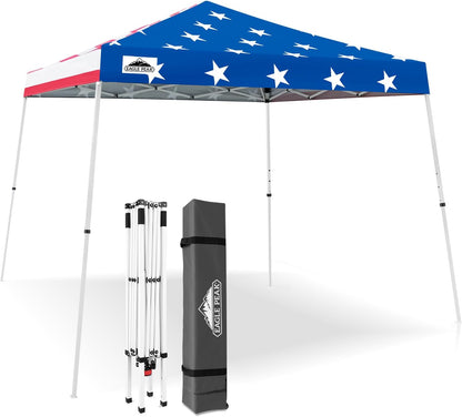Eagle Peak 10x10 American Flag slant leg pop-up canopy tent set up outdoors with bold patriotic red white and blue design