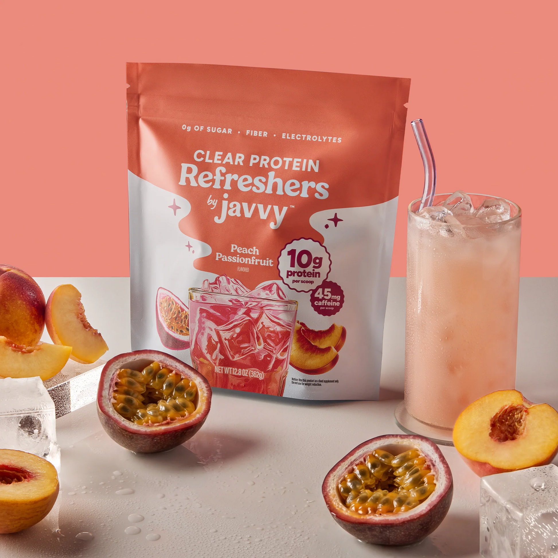 Javvy Protein Refreshers Clear Protein Drink Mix in Peach Passionfruit flavor — 10g protein, collagen, electrolytes, and prebiotics per scoop, no artificial sweeteners