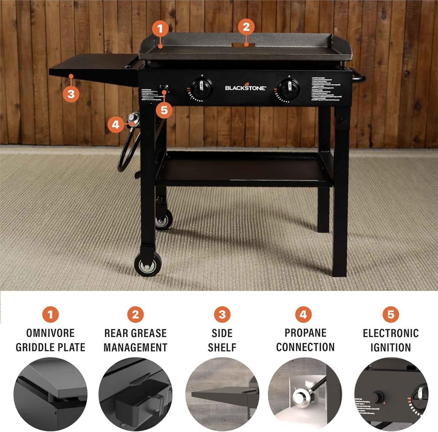 Blackstone 28-inch 2-burner propane flat top griddle station with rear grease management system outdoors — Veterans Value Hub