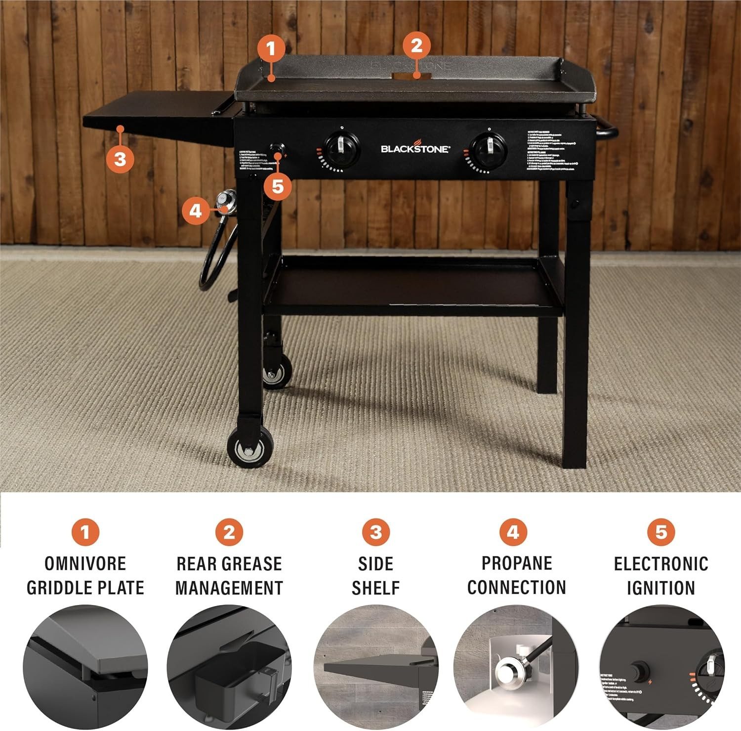 Blackstone 28-inch 2-burner propane flat top griddle station with rear grease management system outdoors — Veterans Value Hub