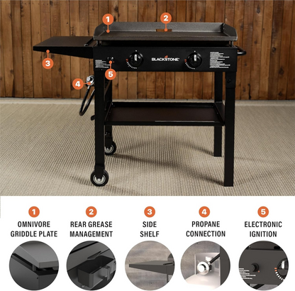Blackstone 28-inch 2-burner propane flat top griddle station with rear grease management system outdoors — Veterans Value Hub