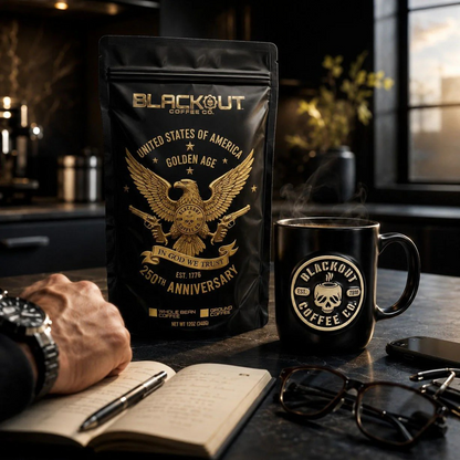 Golden Age 250 limited anniversary whole bean coffee bag Colombia Santa Maria and Brazil medium dark roast America 250th anniversary