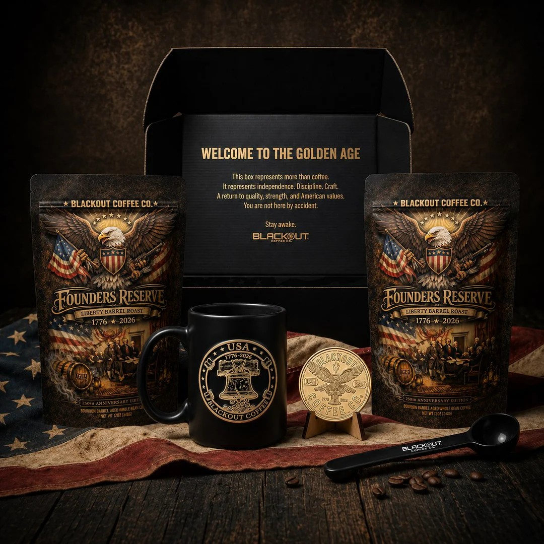 Blackout Coffee Liberty Collector's Crate — limited edition 250th Anniversary gift set with bourbon barrel aged coffee, handmade Liberty Bell mug, challenge coin, and engraved coffee scoop