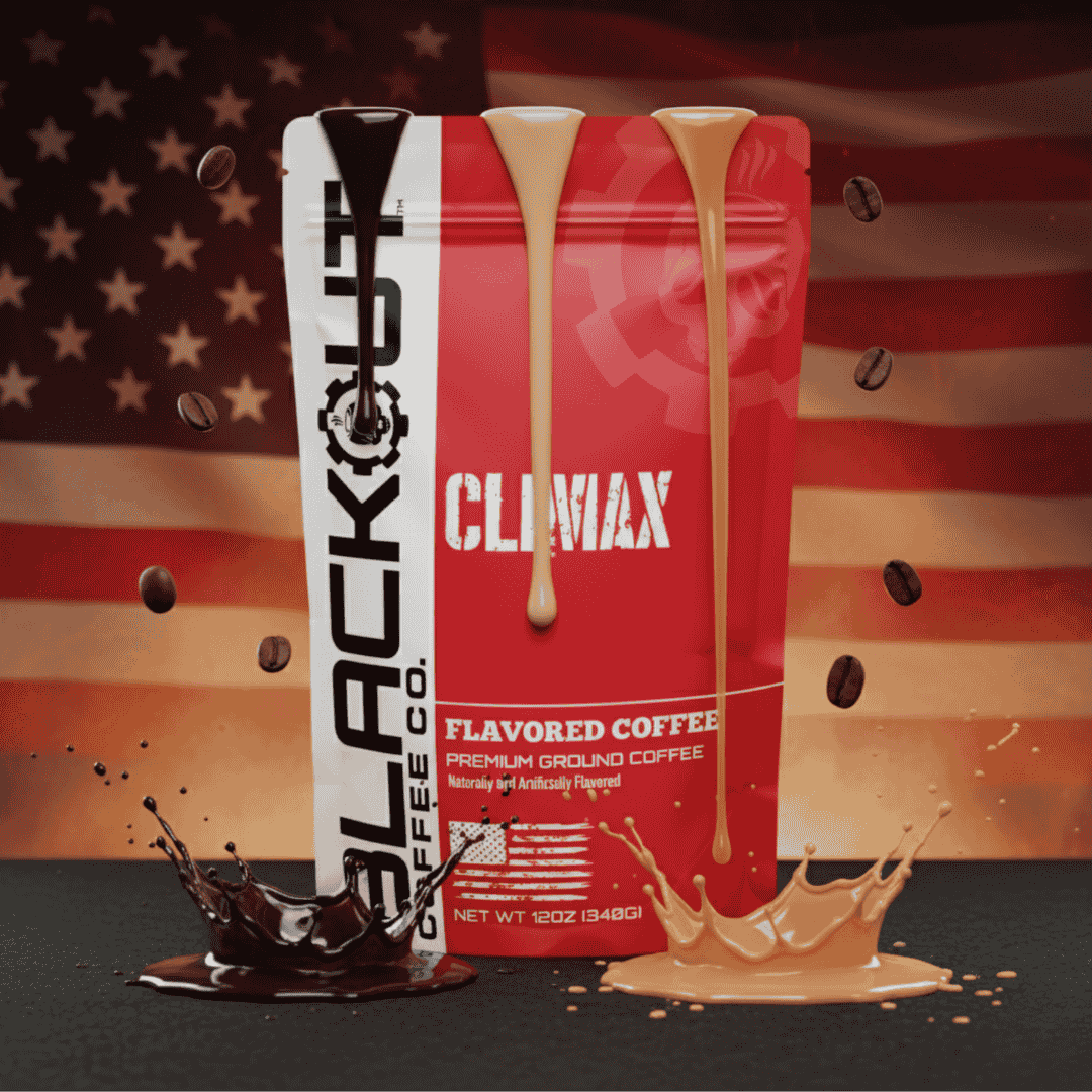 Blackout Coffee Climax flavored coffee bag with amaretto, Irish cream, and coffee liqueur notes