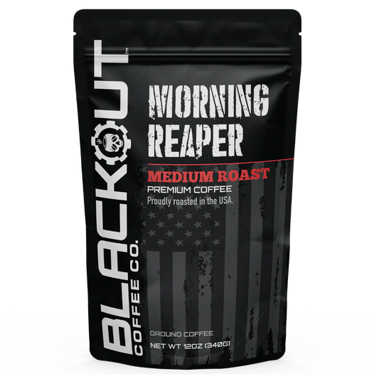 Blackout Coffee Morning Reaper Medium Roast 12oz bag — smooth, bold, never bitter, small-batch roasted in the USA