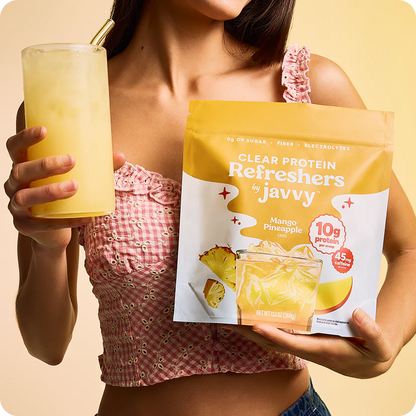 Javvy Protein Refresher in Mango Pineapple flavor — clear protein drink with collagen, electrolytes, and prebiotics