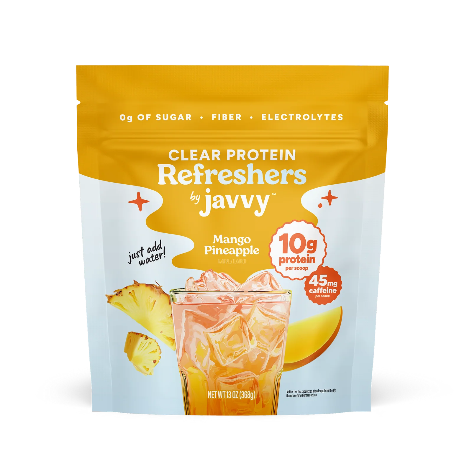 Protein Refreshers Clear Protein Drink Mix in Mango Pineapple flavor — 10g protein, collagen, electrolytes, and prebiotics per scoop, no artificial sweeteners